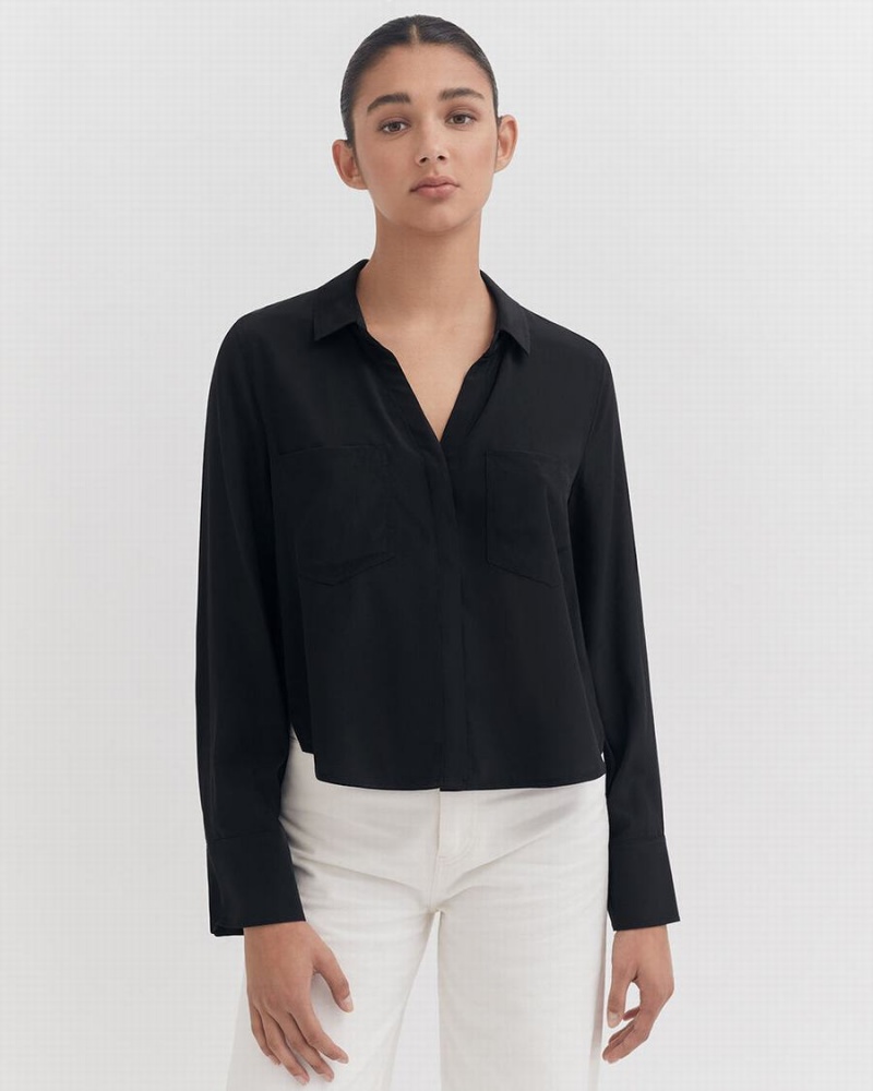 Camisas Cuyana Silk Pocket Front Cropped Mujer Negras | HYG2112IU