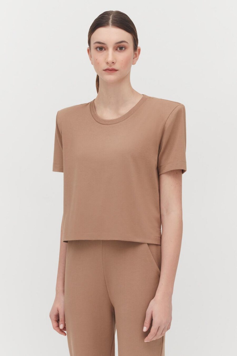 Camiseta Cuyana Acolchado Shoulder Cropped Tee Mujer Kaki | PSU4882KX