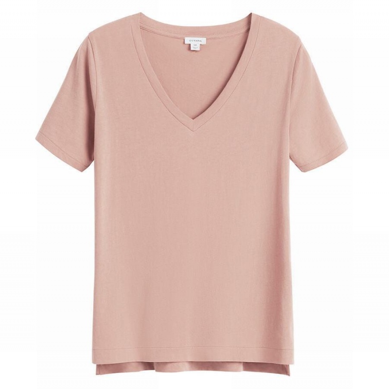 Camiseta Cuyana Pima V-Neck Tee Mujer Rosas | RQD73100SW