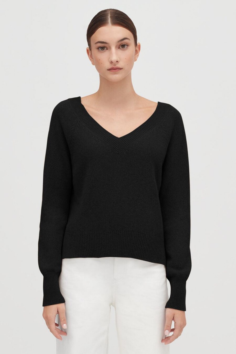 Suéteres Cuyana Recycled Cashmere Deep V-Neck Mujer Negras | OEP5526PV