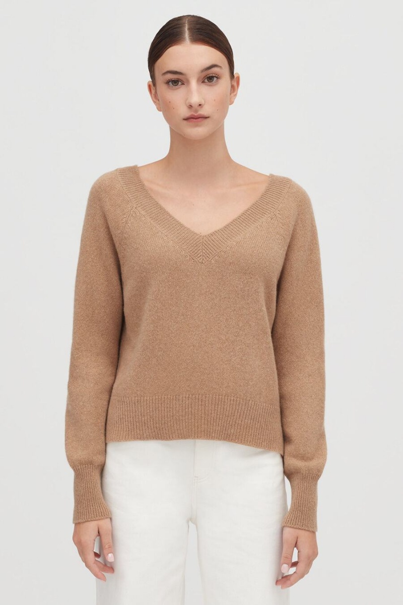 Suéteres Cuyana Recycled Cashmere Deep V-Neck Mujer Marrones | NUW9278SM