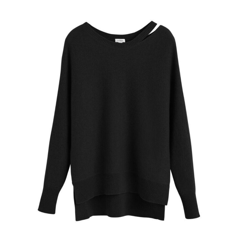 Suéteres Cuyana Recycled Cashmere Split-Neck Mujer Negras | XVC5030UX