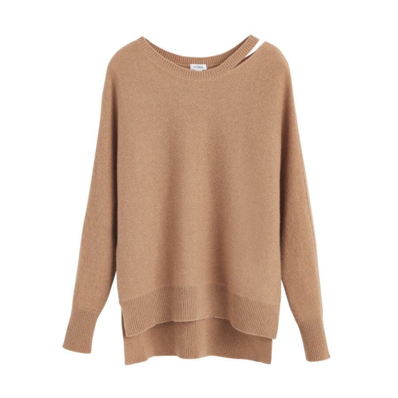 Suéteres Cuyana Recycled Cashmere Split-Neck Mujer Marrones | PGQ229NI