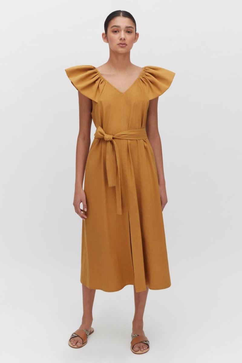 Vestido Cuyana Linen Flutter Sleeve Mujer Naranjas | FOH7911OW